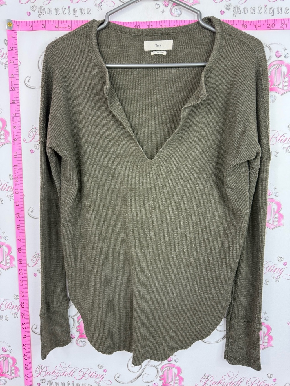 TNA long sleeve waffle knit Olive Split V-Neck Thermal Knit Top